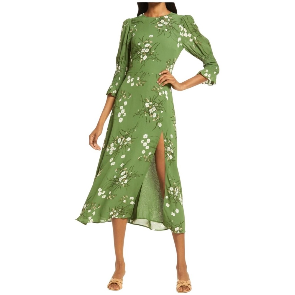 Reformation Carolena Floral Midi Dress Sz 6 Lomita Green Smocked 3/4 Sleeve Slit